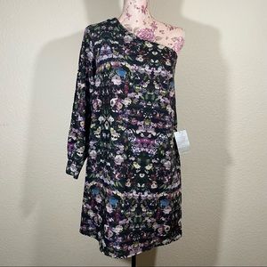 Chelsea28 sz:XS Black Multi-ColorFloral One Shoulder Cocktail Dress